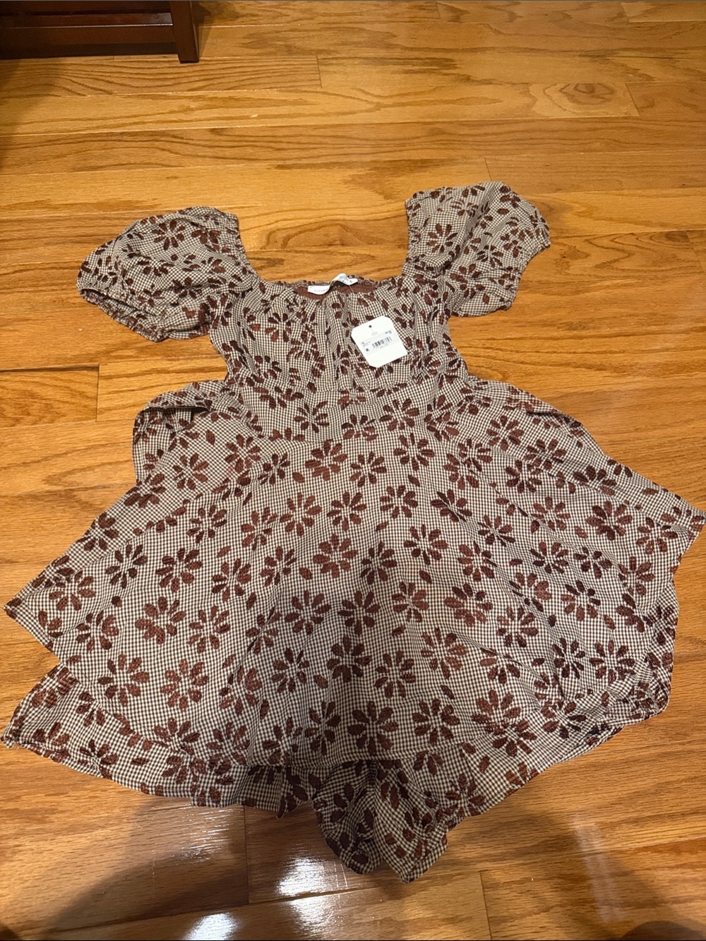 Altar'd State Brown Floral Mini Dress with Puff Sleeves